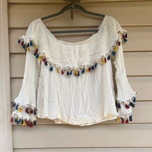 Altar’d state Boho Off-Shoulder Tassel Peasant Top - White/ cream